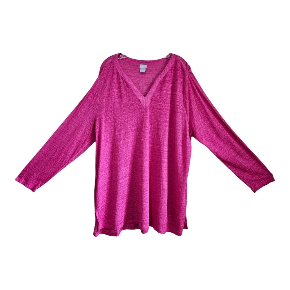 CHICO'S 4 Women XXL Linen Tunic Top V-Neck Pink Long Slv Coastal Lagenlook 52"
